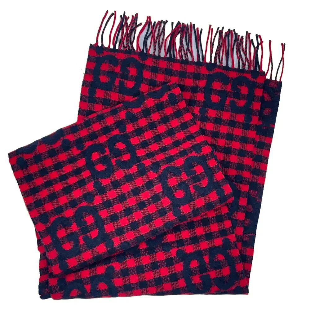 Gucci Diamcheck GG Logo Monogram Wool Jacquard Scarf Red Black 94